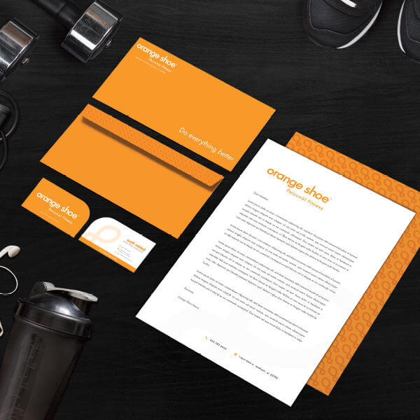 Orange Shoe Personal Fitness Training Letter Head, Envelope and Business Card Design Orange Shoe Personal Fitness Training Sationary Set